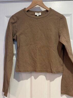 Bohme Ribbed Knit Long Sleeve Cropped Top Taupe Brown Size Large